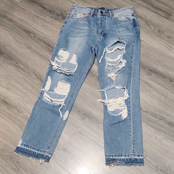 Fashion Nova Super Distressed Raw Hem High Waisted Cropped Med Blue Jeans - Picture 4 of 8